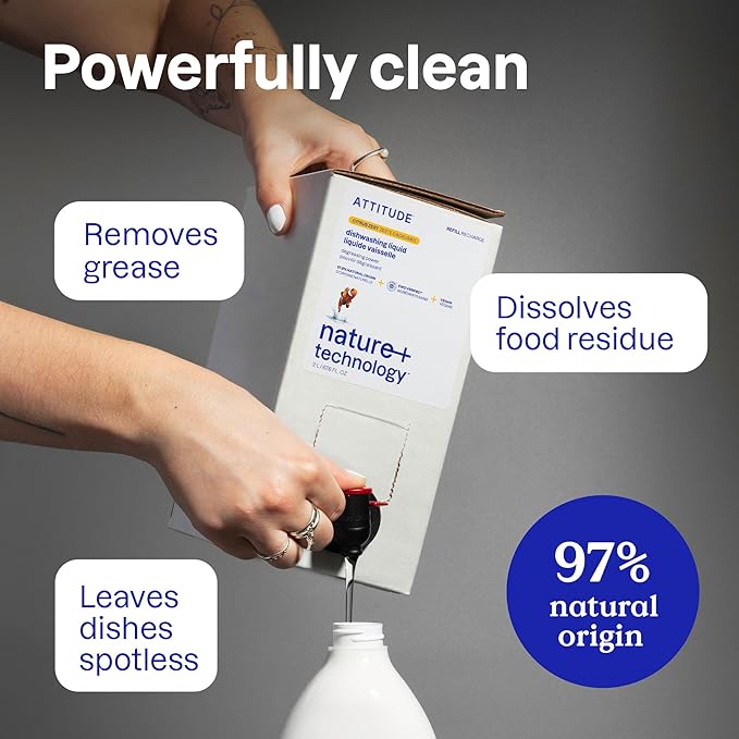 ATTITUDE Dish Soap Refill, EWG Verified, Plant-Based & Vegan Dishwashing Liquid, Naturally Derived, Citrus Zest Scent, 67.6 Fl Oz