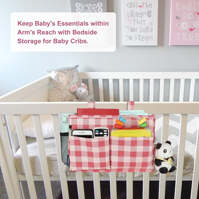 Surblue Bedside Caddy Hanging Bed Organizer Storage Bag Pocket for Bunk and Hospital Beds, College Dorm Rooms Baby Bed Rails, Camp 4 Pockets and 2 Hooks (Small,Red Plaid)