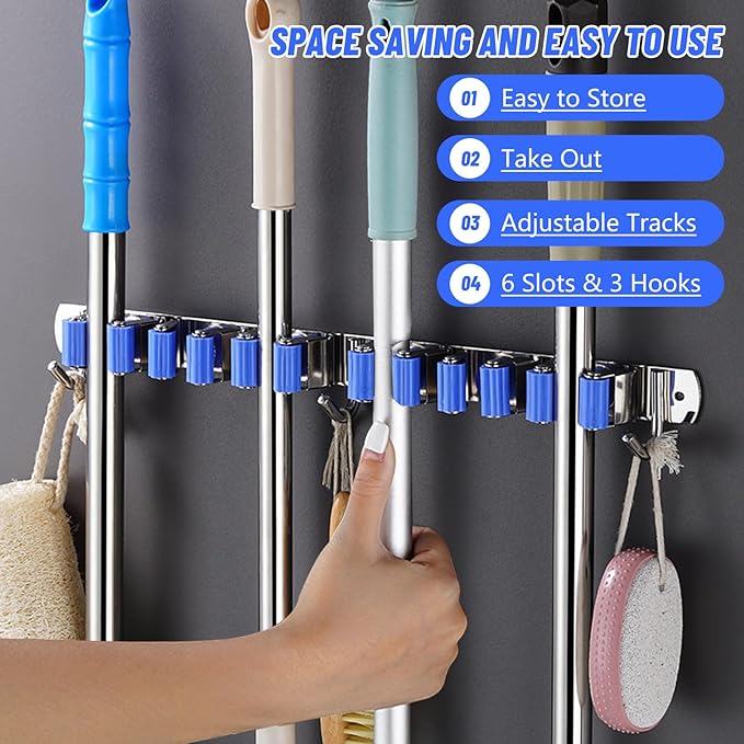 BigKing Mop Broom Holder Wall Mounted,6 Racks 3 Hooks Heavy Duty Stainless Steel Broom and Mop Hangers,Garage Storage Rack & Garden Tool Organizer, Self-adhesive/Screw Drilling