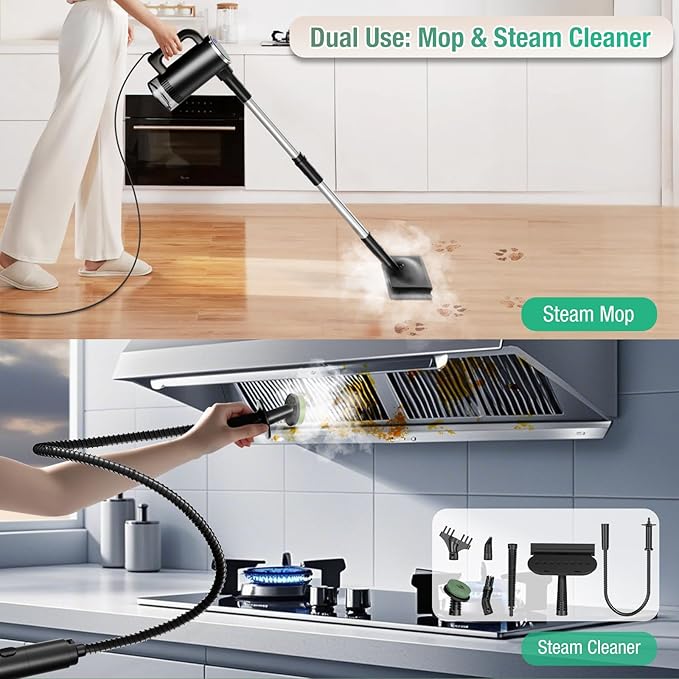 11-in-1 Steam Mop - Detachable Handheld Steam Cleaner with 380mL Tank, 260℉ Floor Steamer for Hardwood, Tile, Grout, Windows, Bath & Kitchen - 3-Level Steam Control, Multi-Purpose Floor Steam Cleaner