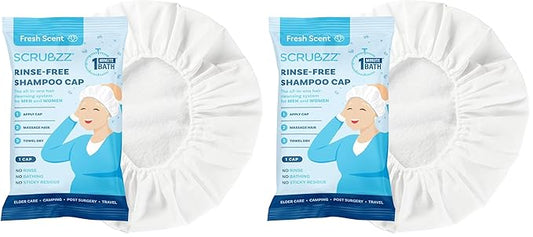 Scrubzz Shampoo Cap No Rinse for Elderly and Bedridden Patients, Rinse Free Shampoo Cap for Post Surgery and Hospital Stays, Waterless Hair Washing Shower Caps - 2 Pack