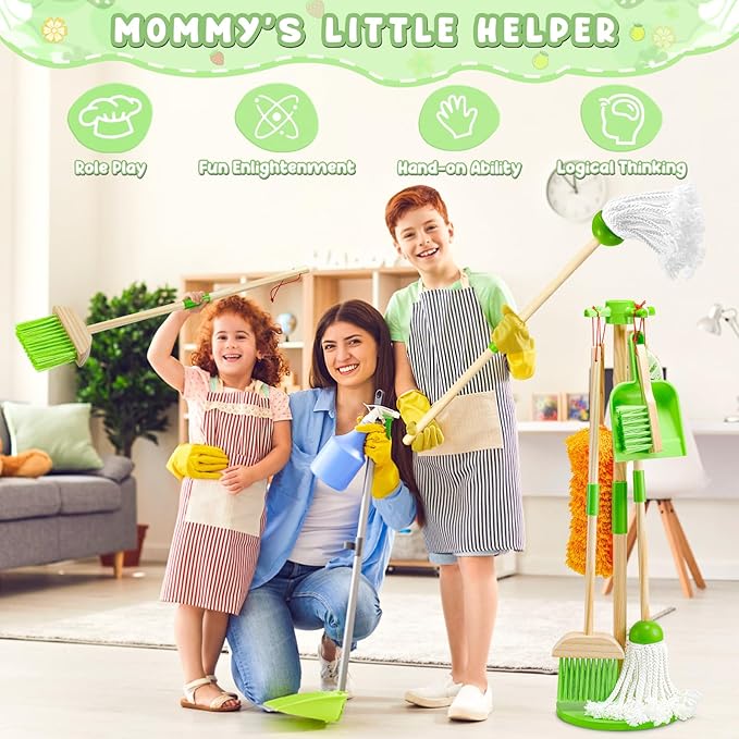 WHOHOLL Wooden Kids Cleaning Set Toddler Broom Set for Housekeeping 8 Pcs Broom and Mop Set for Toddlers 3-6, Cleaning Toys with Dustpan Sponge, Christmas Birthday Gifts for Boys Girls (Green)