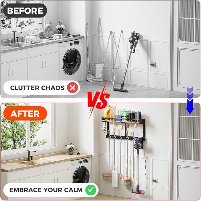 Broom Holder Wall Mount with Shelf, Broom Hanger with Vacuum Organizer and Hooks, Broom and Mop Organizer Wall Hanging for Laundry Room, Garage, Utility Closet, Kitchen（Large）