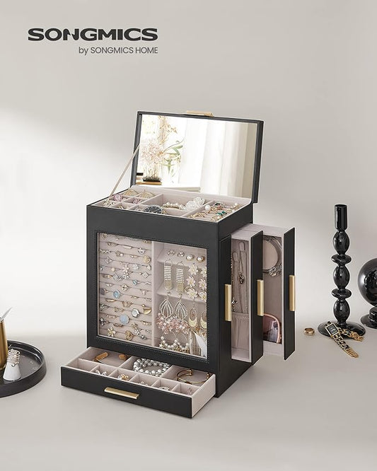 SONGMICS Jewelry Box with Glass Window, 5-Layer Jewelry Organizer with 3 Side Drawers, Jewelry Storage, with Big Mirror, Modern, 6.1 x 10.3 x 12.6 Inches, Ink Black and Metallic Gold UJBC162B02