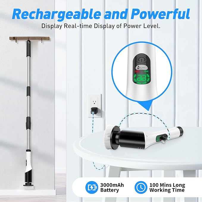Electric Spin Scrubber, Cordless Power Cleaning Brush with 7 Replaceable Heads, Adjustable Long Handle, & LCD Display, IPX6 Waterproof Shower Scrubber for Bathroom, Tub, Tile, Floor & Car