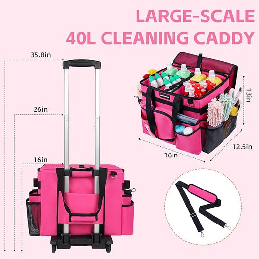 Large Rolling Cleaning Caddy Bag, Cleaning Caddy with Wheels with Detachable Trolley for Housekeepers, Water Resistant Cleaner Supplies Organizer with Wheels for Kitchen, Car, Picnic (Rose-Red)