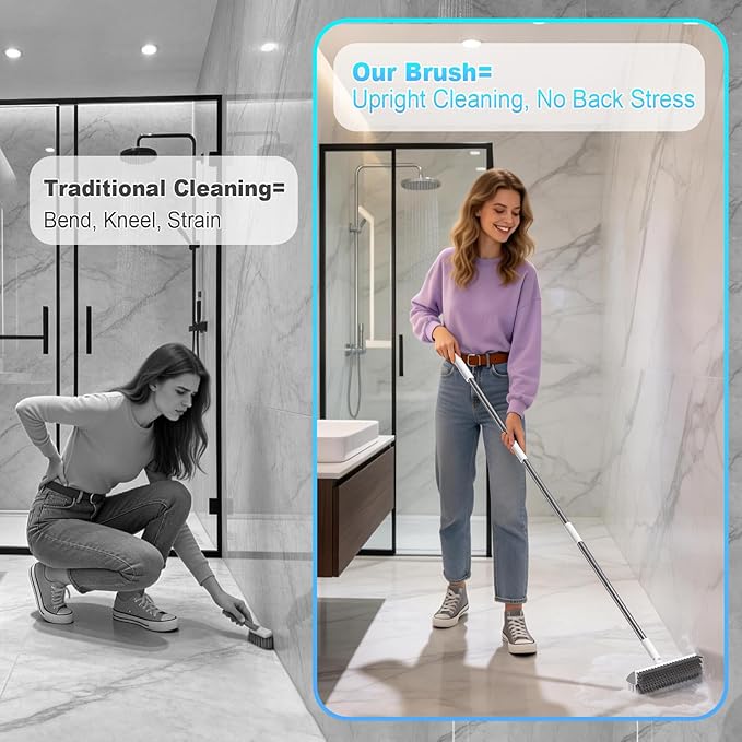 Floor Scrub Brush with Long Handle, Heavy-Duty Stiff Bristles, V-Shape Floor Scrubber Brush for Tile, Concrete & Grout Lines, Stand-Up Cleaning for Garage, Bathroom, Deck & Patio