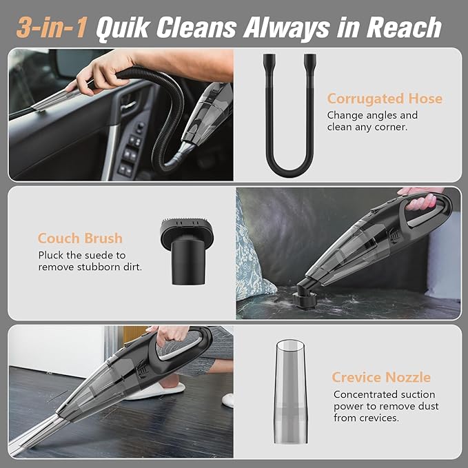Handheld Vacuum Cordless | Car Vacuum Portable Cordless 650mL Washable Dustbin | 25-Min Runtime Rechargeable Hand Held Vacuum 8000Pa Powerful Suction