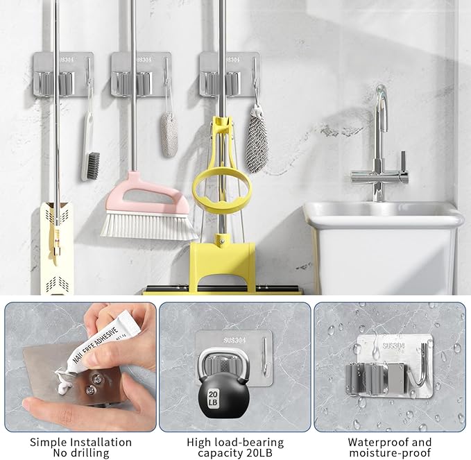 Mop Broom Holder Wall Mount, Stainless Steel, Rust Resistant, Heavy Duty, No Drill,Self-adhesive Broom Holder Wall Mount with Hooks 4Pcs for Bathroom, Kitchen, Garage, Nickel