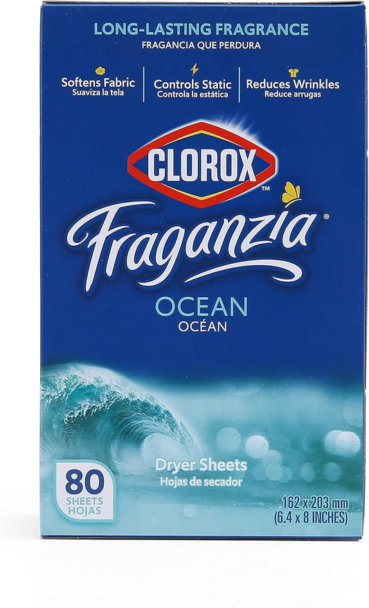 Clorox Fraganzia Dryer Sheets in Ocean Scent, 80 Count | Wrinkle-Reducing Fabric Softener Sheets | Best Laundry Dryer Sheets with Long-Lasting Ocean Scent