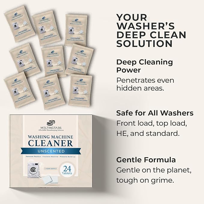 Washing Machine Cleaner Tablets – Deep Clean Washer Descale, Laundry Tub Cleaning Solution, Smell Fresh, Eliminates Buildup & Dirt, For Front & Top Load Washers, Easy-to-Use, 24 Pack, unscented