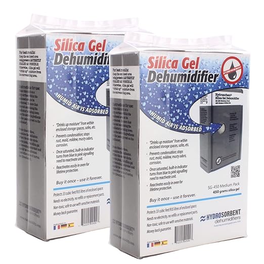 HYDROSORBENT® Gun Safe Dehumidifier Rechargeable Silica Gel 450 Gram Carton. Moisture Absorber. Reusable Desiccant Dehumidifier for Gun Safe – Made in USA Silica Gel Desiccant. SG450-2 Pack