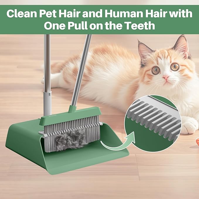 JOYMOOP Dark Teal Green Broom and Dustpan Set with 56” Handle, Upright Angle with Comb Teeth for Pet Hair and Hardwood Floors