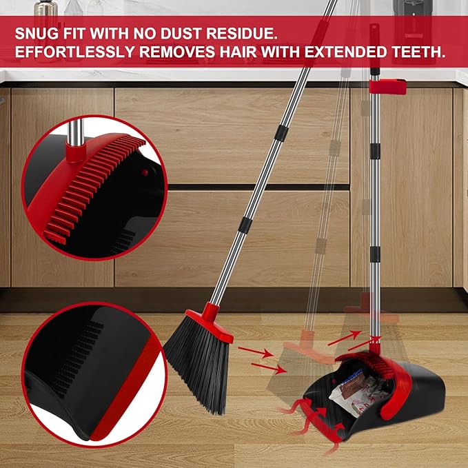 Broom and Dustpan Set, Large Household Broom with Dustpan Combo Set, 55 Inch Long Handle, Red Dust Pan Combo Set for Home