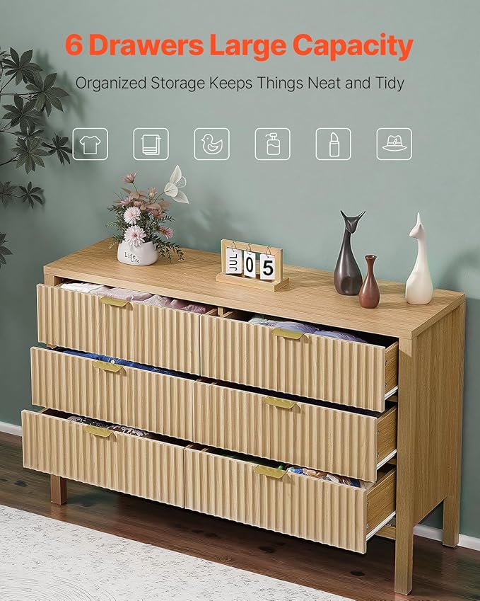 VEVOR Fluted Dresser with 6 Drawer, 47" Wide Chest of Drawers with Golden Metal Handle, Modern Closet Dresser TV Stand, Boho Wood Storage Organizer for Bedroom, Living Room, Hallway, Entryway, Natural