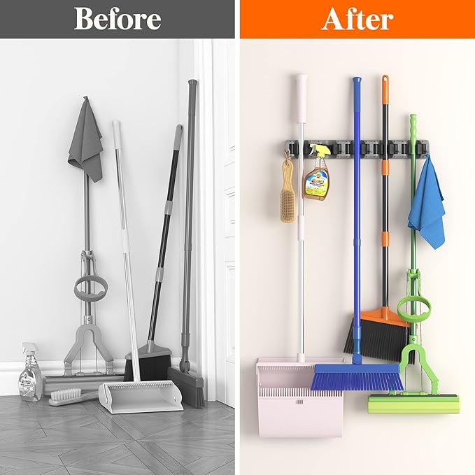 Lifewit Mop and Broom Holder Wall Mount, Anti-Slip Broom Hanger for Cleaning Supplies Organizer, Easy Install Tool Hanging Rack for Closet, Kitchen, Garage, 5 Slot 6 Hooks, Hold 30lbs, Gray, 1 Pack