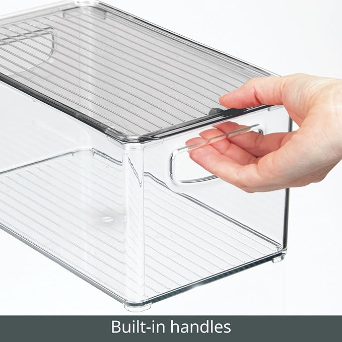 mDesign Deep Plastic Bathroom Storage Bin Box, Lid/Built-in Handles, Organization for Makeup, Hair Styling Tools, Toiletry Accessories in Cabinet, Shelves, Ligne Collection, 2 Pack, Clear/Smoke Gray