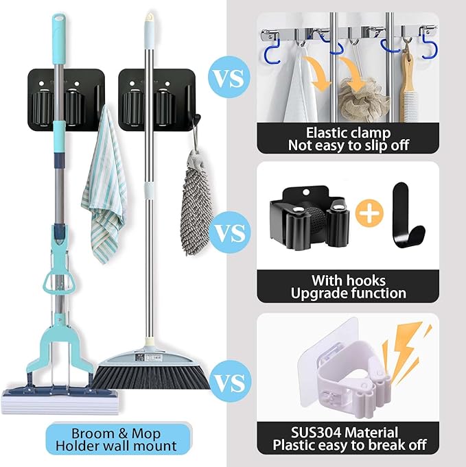 Mop and Broom Holder Wall Mount Stainless Steel 304 Tool Garage Organization Command Rack Screw and Self Adhesive 3m Broom Hanger Heavy Duty 4pcs (4pcs，black), TBJ001