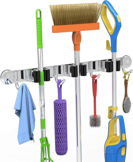 3-H Magnetic Broom Holder Wall Mount 1 Pack, 2-in-1 Dual Mount (No Drill or Screw Fix), 304 Stainless Steel Heavy Duty Magnet Mop Broom Organizer for Kitchen Garden Garage(3 Racks & 4 Hooks,Silver)