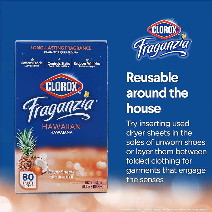 Clorox Fraganzia Fabric Softener Dryer Sheets, Hawaiian Scent - Wrinkle Reducing Scented Softening Laundry Dryer Sheets for Great Smelling Clothes, 80 Count - 6 Pack