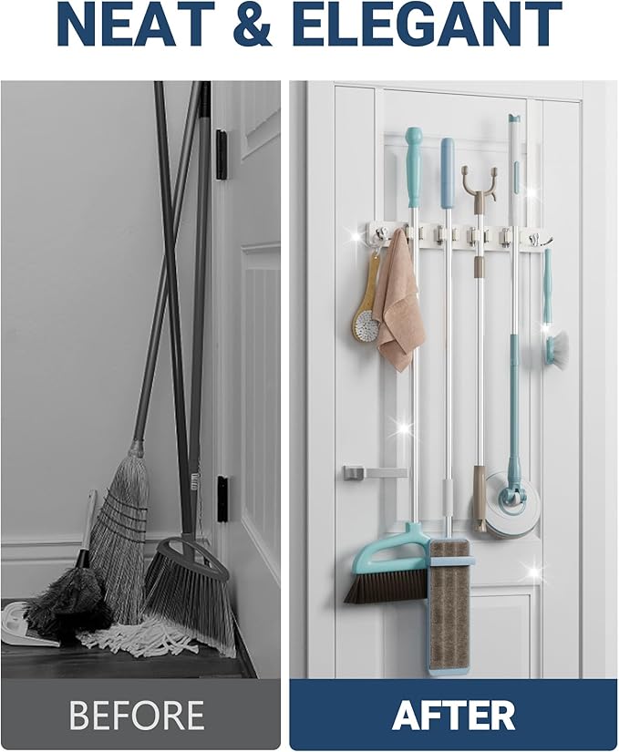 Lorbro Broom Holder Door Mount, Over the Door Broom and Mop Holder with 2 Over Door Hooks, Wood Broom Hanger, Tool Rack Organizer for Laundry, Garage, Closet, Kitchen Decor, 4 Slots & 4 Hooks Rustic