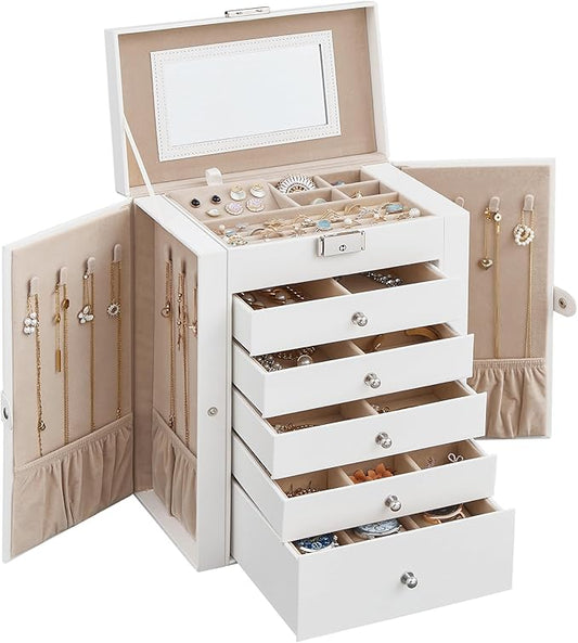 SONGMICS 6-Layer Jewelry Box Organizer with 5 Drawers, Jewelry Storage Case with Lock and Mirror, Large Storage Capacity, Gift for Loved Ones, for Necklaces, Watches, White UJBC152W01