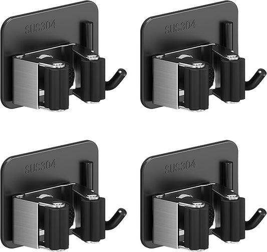 Mop and Broom Rack, Used for Hanging and organizing Tube-Shaped Tools Such as mops and Brooms, with Hooks, Elegantly Releasing Space, Suitable for bathrooms, Kitchens, Offices, etc (Black)