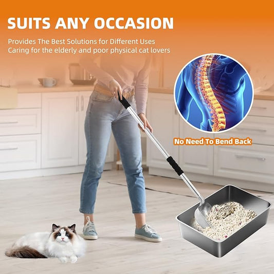 Metal Cat Litter Scoop - 32in Metal Deep Shovel - Removable Stainless Steel - No Bending Back Heavy Duty Cat Litter Scoop - Non-Stick Long Handle Cat Litter Scooper