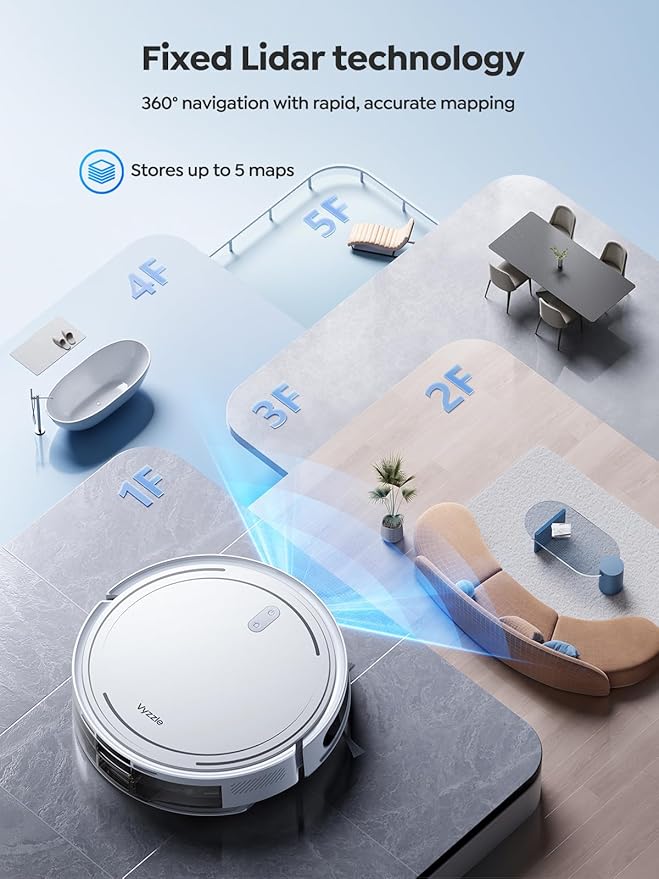 Robot Vacuum and Mop Combo, Smart Navigation Robotic Vacuum Cleaner with 5000Pa Suction, Ultra Slim Vacuum Robot, 150Mins Max, App/Alexa Control for Pet Hair, Hard Floor, Carpet, Customized Cleaning