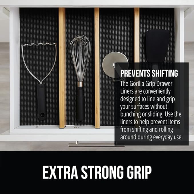 GORILLA GRIP powerGRIP Drawer Shelf and Cabinet Liner, Thick Strong Hold, Non-Adhesive Liners Protect Kitchen Cabinets and Cupboard, Bathroom Drawers, Easy Install, Breathable Mat, 12" x30', Black