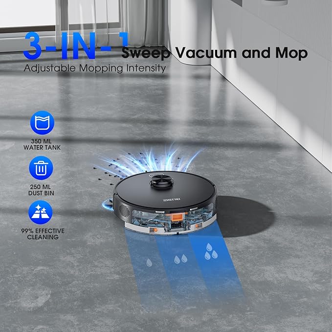 Robot Vacuum and Mop Combo, Robotic Vacuums Cleaner with LiDAR Navigation, Smart Mapping, Strong Suction, with WiFi/App/Alexa/Voice Control, Obstacle Avoidance, for Home, Wood/Hard Floors, Pet Hair