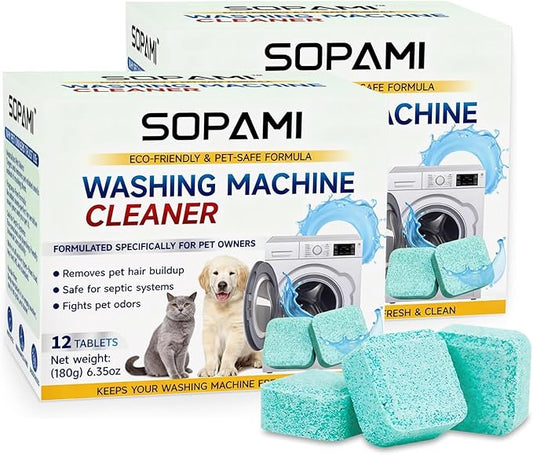 SOPAMI Washing Machine Cleaner Tablets 24-Pack (12 Month Supply) for HE/Top/Front Load Washers - Removes Stubborn Pet Hair, Odors, Mold & Residue, Septic Safe & Fragrance Free