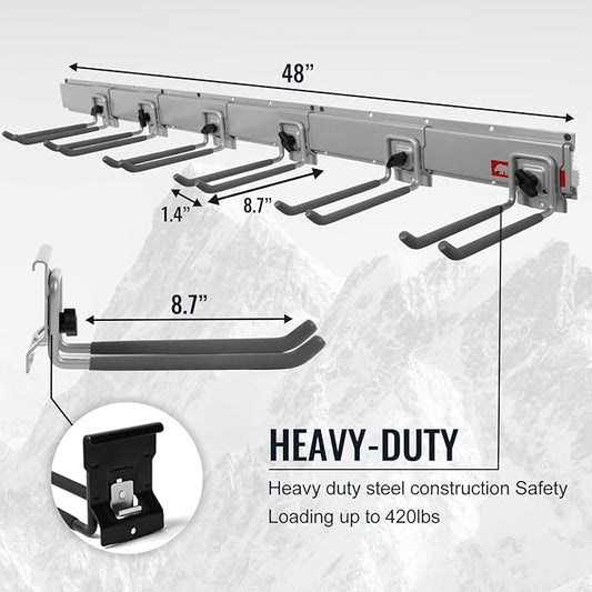 Garage Organization Wall Mount, 48inch Garden Tool Organizer with 6 Clamping Hooks, Heavy Duty, Garage Hanging Storage Rack for Yard Tools, Shovel, Shed, Hold Up to 420lbs (48Inch Grey)