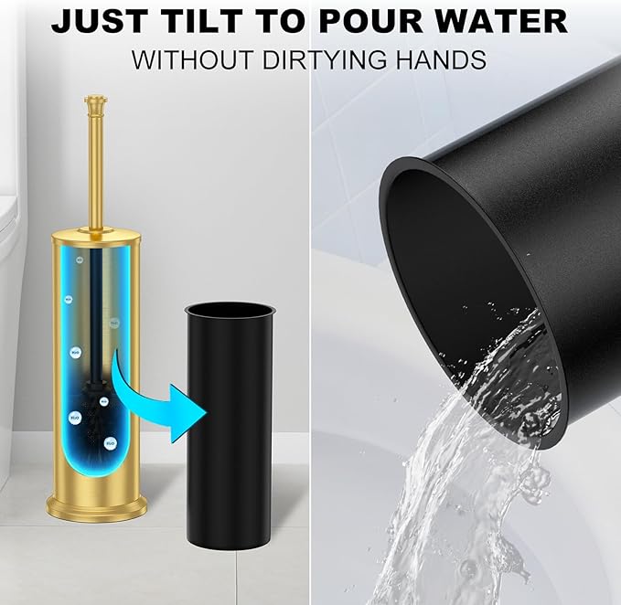 Brass Toilet Brush and Holder，Long Handled Gold Toilet Brush for Bathroom，Stainless Steel Heavy Duty Toilet Bowl Brush,Removable Inner Bowl,Deep Cleaning Dense Bristles Cleaner Brush -Space Saving