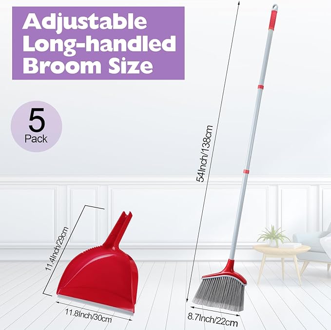 Meanplan 5 Pcs Angle Broom and Dustpan Combo Set for School Classroom 54'' Outdoor Indoor Cleaning Broom Commercial Broom with Step-on Dustpan for Home Kitchen Office Floor Dirt Dust Hair Cleaning