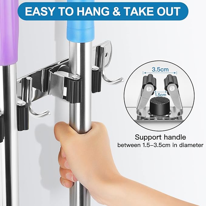 IMILLET Broom Holder Wall Mounted, Stainless Steel Broom Mop Holder Self Adhesive Heavy Duty Hooks Storage Organizer for Home Laundry Room Garden Garage Closet Kitchen 1 Pack（4 Racks with 5 Hooks）