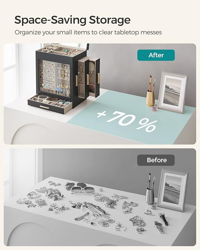 SONGMICS Jewelry Box with Glass Window, 5-Layer Jewelry Organizer with 3 Side Drawers, Jewelry Storage, with Big Mirror, Modern, 6.1 x 10.3 x 12.6 Inches, Ink Black and Metallic Gold UJBC162B02