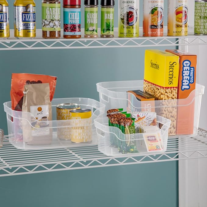 Sterilite 9.5 x 6.5 x 4 Inch Small Open Scoop Front Clear Storage Bin with Comfortable Carry Through Handles for Household Organization (64 Pack)