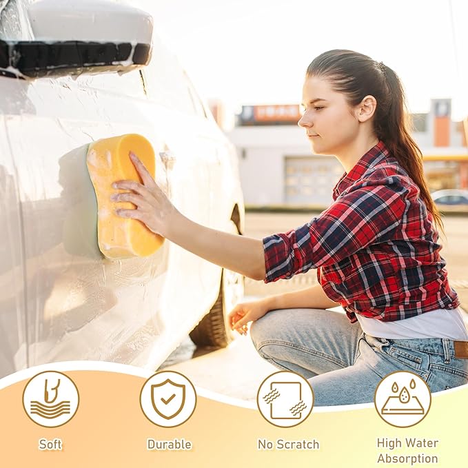 Tioncy 8 Pcs Giant Car Wash Sponges 9 x 4.7 x 3 Inch Extra Large Car Cleaning Bone Sponges Bulk All Purpose Easy Grip Thick Foam Scrubber for Boat Garage Kitchen Bathroom Household Cleaning (Yellow)