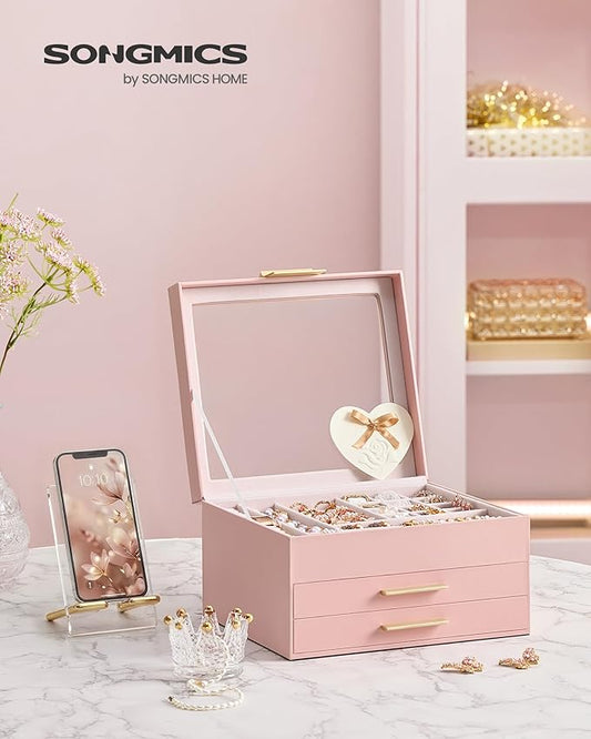 SONGMICS GISELLA Collection - Jewelry Box Organizer, 3-Layer Jewelry Storage with 2 Drawers, Shiny Metal Hardware, Glass Lid, Modern, 8 x 9.1 x 5.3 Inches, Jelly Pink and Gold Color UJBC239SA01S