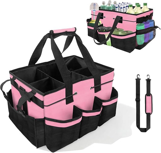 Large Cleaning Caddy Bags, Cleaning Caddy for Cleaning Supplies, Caddy Organizer with Handle & Adjustable Shoulder, Cleaning storage Bags for Housekeepers, Home, Car (Pink)