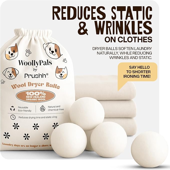 WoollyPals Dryer Balls (6-Pack, XL Size) - 100% New Zealand Wool - No More Dryer Sheets - Eco Dryer Balls - Reusable - Softens Laundry - Reduces Drying Time & Static - with Storage Bag (Plain White)