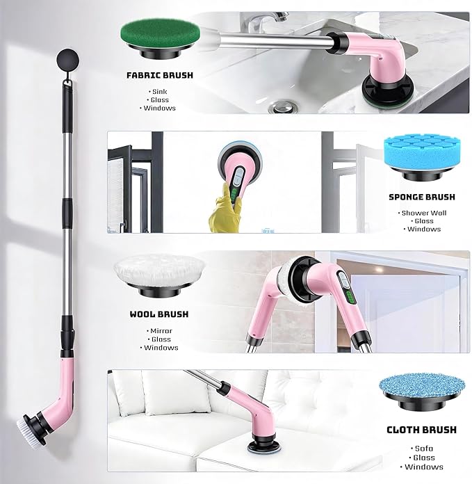 Electric Spin Scrubber for Cleaning Bathroom: Cordless Power Shower Scrubber - Electric Cleaning Brush for Tile Tub - Pink