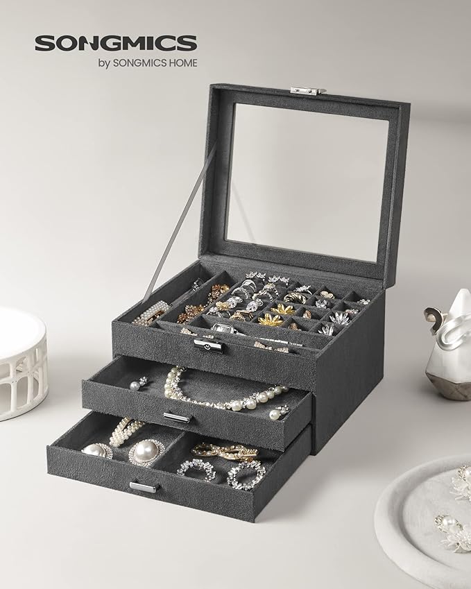 SONGMICS Jewelry Box, Lockable Jewelry Storage Organizer, Jewelry Case with Glass Window, for Rings, Earrings, Studs, Bracelets, Necklaces, Gray UJBC158G01