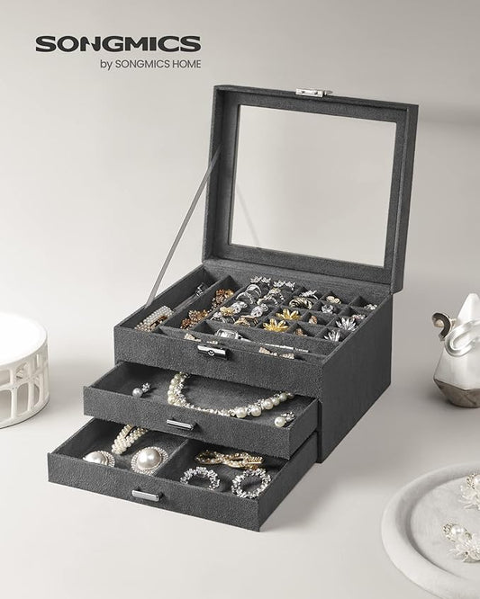 SONGMICS Jewelry Box, Lockable Jewelry Storage Organizer, Jewelry Case with Glass Window, for Rings, Earrings, Studs, Bracelets, Necklaces, Gray UJBC158G01