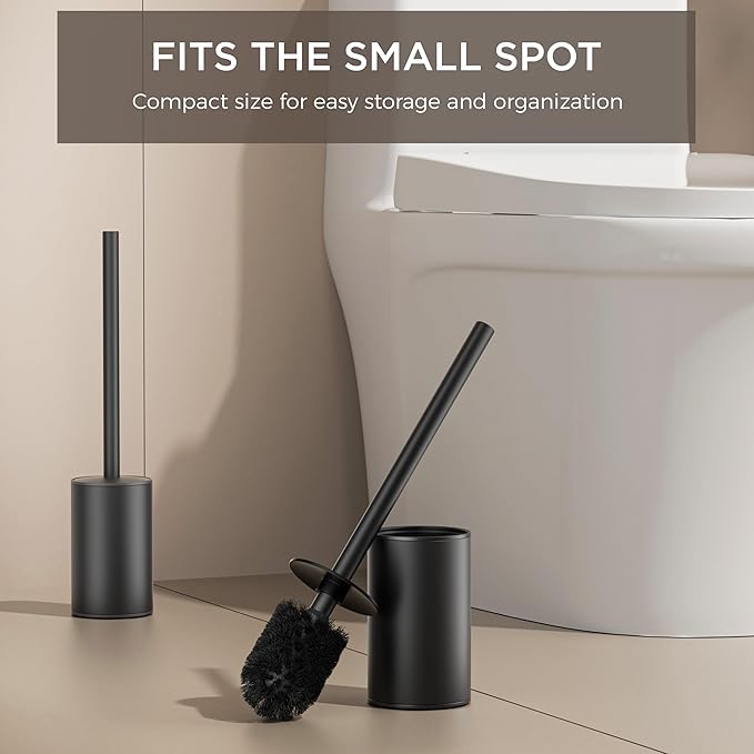 FORIOUS Toilet Brush and Holder Set, 304 Stainless Steel Heavy Duty Base and Handle for Bathroom Deep Cleaning, Toilet Bowl Cleaners Brush with Holder, Space Saving for Storage (1, Matte Black)