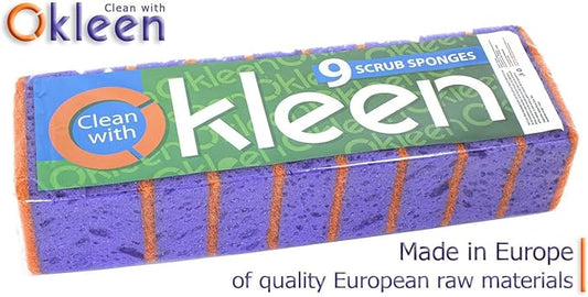 Purple and Orange Multi Use Scrub Sponges. Made in Europe. 9 Pack, 4.3x2.8x1.4 inches. Heavy Duty & Non Scratch Fiber. Odorless Durable Delicate, Easy Washable Violet Scrubber