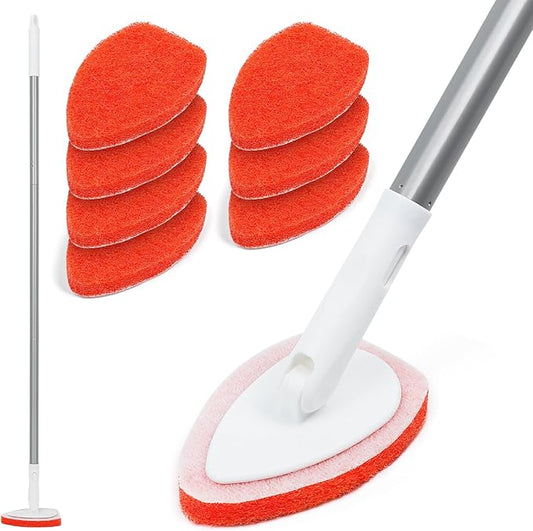 Bathtub Scrubber with Long Handle - Shower Scrub Brush with 8 Replacement Scouring Pads, Bathroom Cleaning Brush for Tub, Tile, Floor