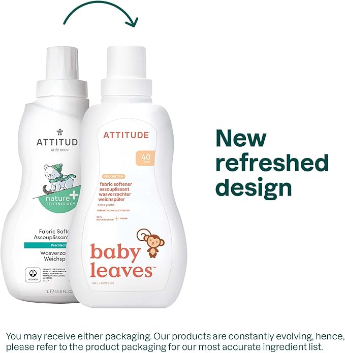 ATTITUDE Baby Fabric Softener, Plant and Mineral-Based Ingredients, HE Compatible, Vegan and Cruelty-free Laundry and Household Products, Pear Nectar, 40 Loads, 33.8 Fl Oz