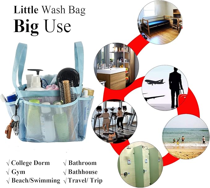 Haundry Mesh Shower Caddy Tote, Large Shower Caddy Bag for College Dorm Room Essentials, Bathroom Organizer with 8 Pockets for Beach Swimming Camp Gym